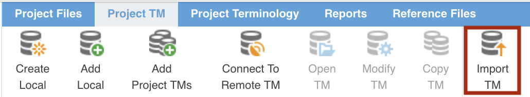 Le ruban de l'onglet Project TM : Create Local, Add Local, Add Project TMs, Connect To Remote TM, Open TM, Modify TM, Copy TM et Import TM.