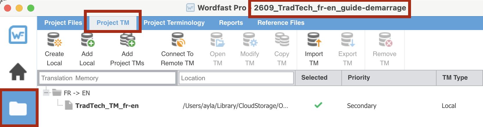 L'onglet Project TM du projet 2609_TradTech_fr-en_guide-demarrage, encadré, avec la mémoire TradTech_TM_fr-en listée sous FR -> EN, cochée, en priorité Secondary.