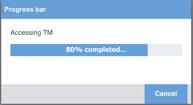 Une petite fenêtre Progress bar indiquant « Accessing TM » et 80 % completed.