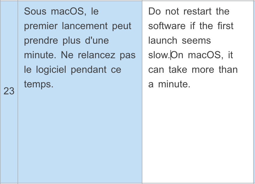 L'unité 23 de l'éditeur de mémoire : la cellule source en français à gauche, la cellule cible à droite en cours de modification, le curseur posé entre « slow. » et « On macOS ».