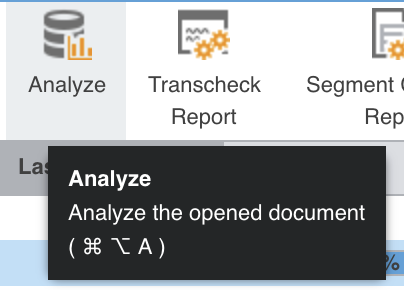 Le bouton Analyze du ruban de la fenêtre du projet, survolé, avec son infobulle : Analyze, « Analyze the opened document », et le raccourci Commande Option A.