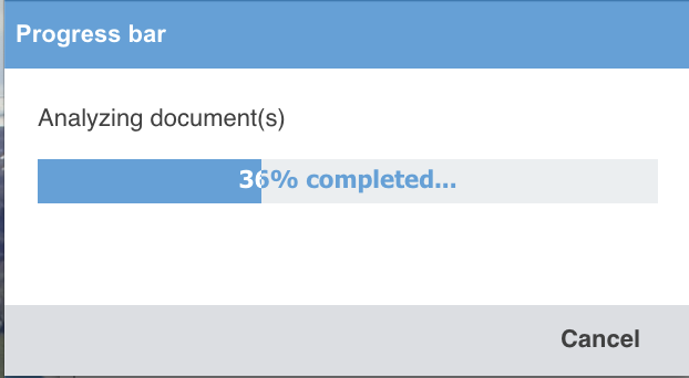 Une fenêtre Progress bar : « Analyzing document(s) », 36 % completed.