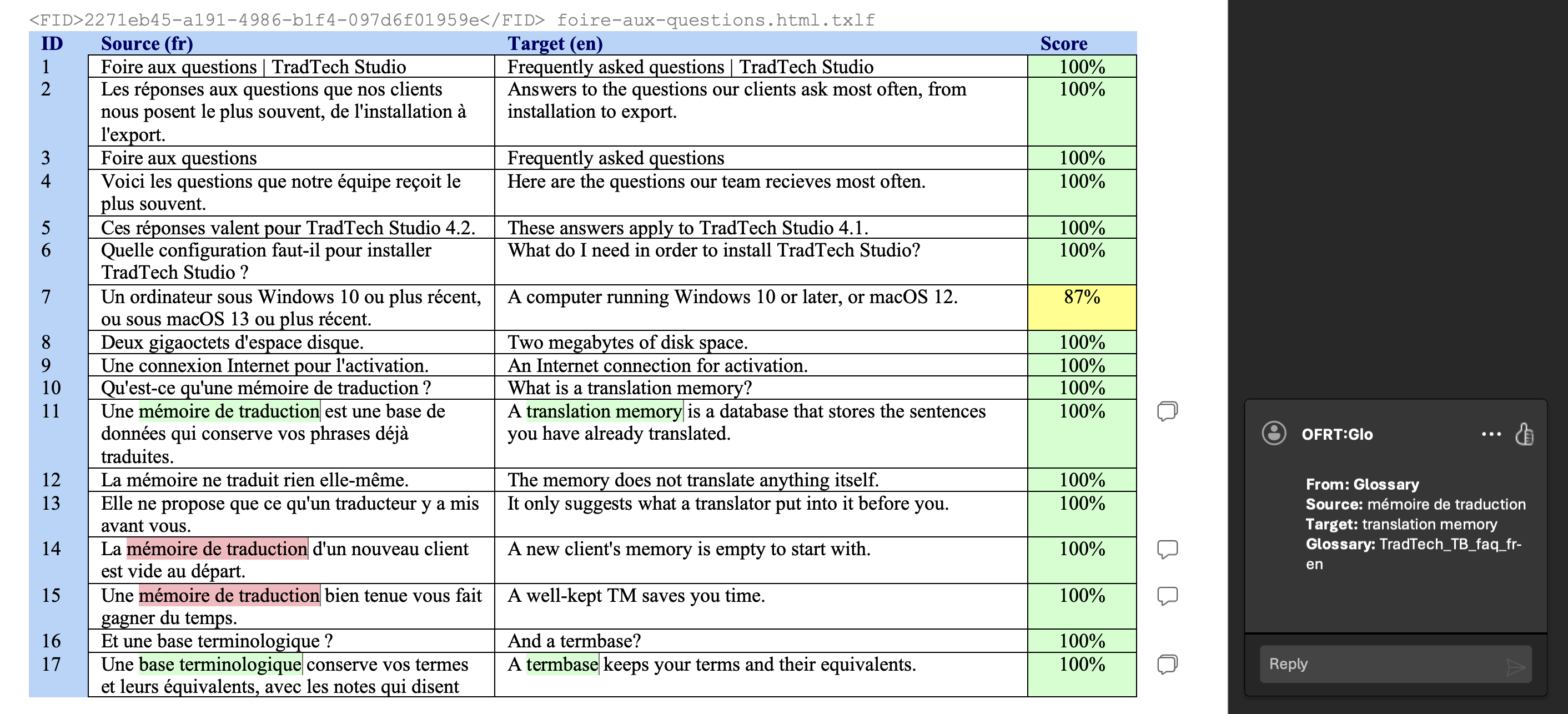 Le tableau du document de révision, segments 1 à 17 : le numéro, la source en français, la cible en anglais et le score, sur fond vert pour les correspondances exactes et jaune pour la correspondance partielle du segment 7. Des termes du glossaire sont surlignés, en vert ou en rouge, et un commentaire Word ouvert à droite donne l'entrée du glossaire pour mémoire de traduction.