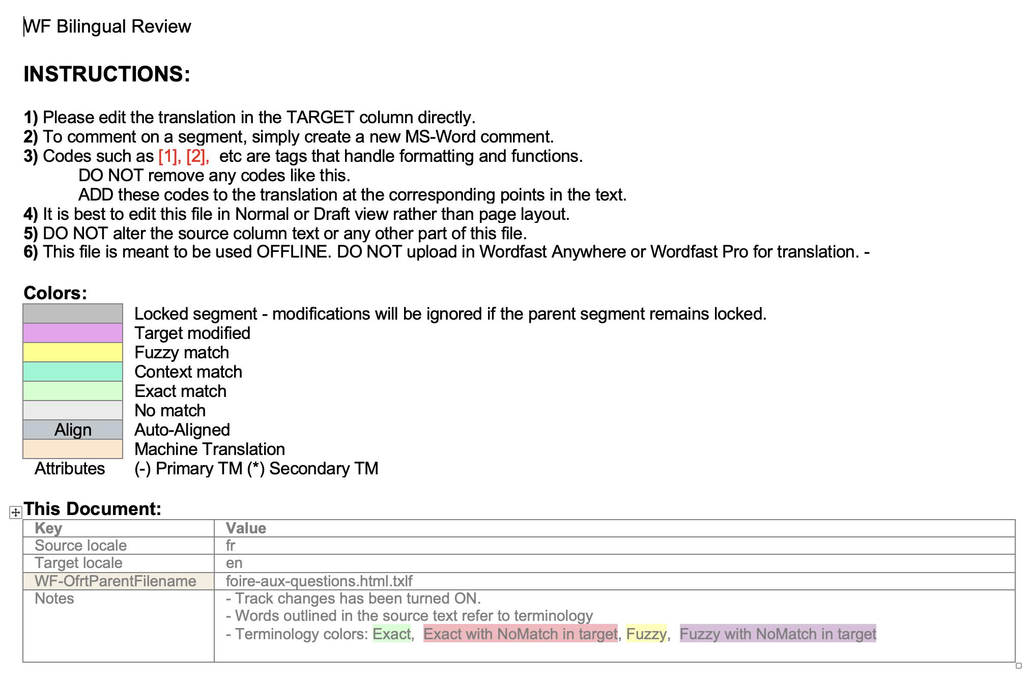 La première page du document produit par Bilingual Export, intitulée WF Bilingual Review : six instructions au réviseur, une légende des couleurs par type de correspondance, et un tableau qui donne les langues source et cible, le fichier d'origine et une note disant que le suivi des modifications est activé.