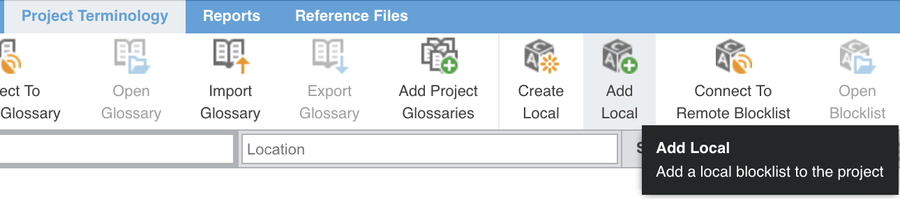 La partie droite de l'onglet Project Terminology : les boutons des listes de blocage, Create Local, Add Local, Connect To Remote Blocklist et Open Blocklist, et l'infobulle de Add Local, « Add a local blocklist to the project ».
