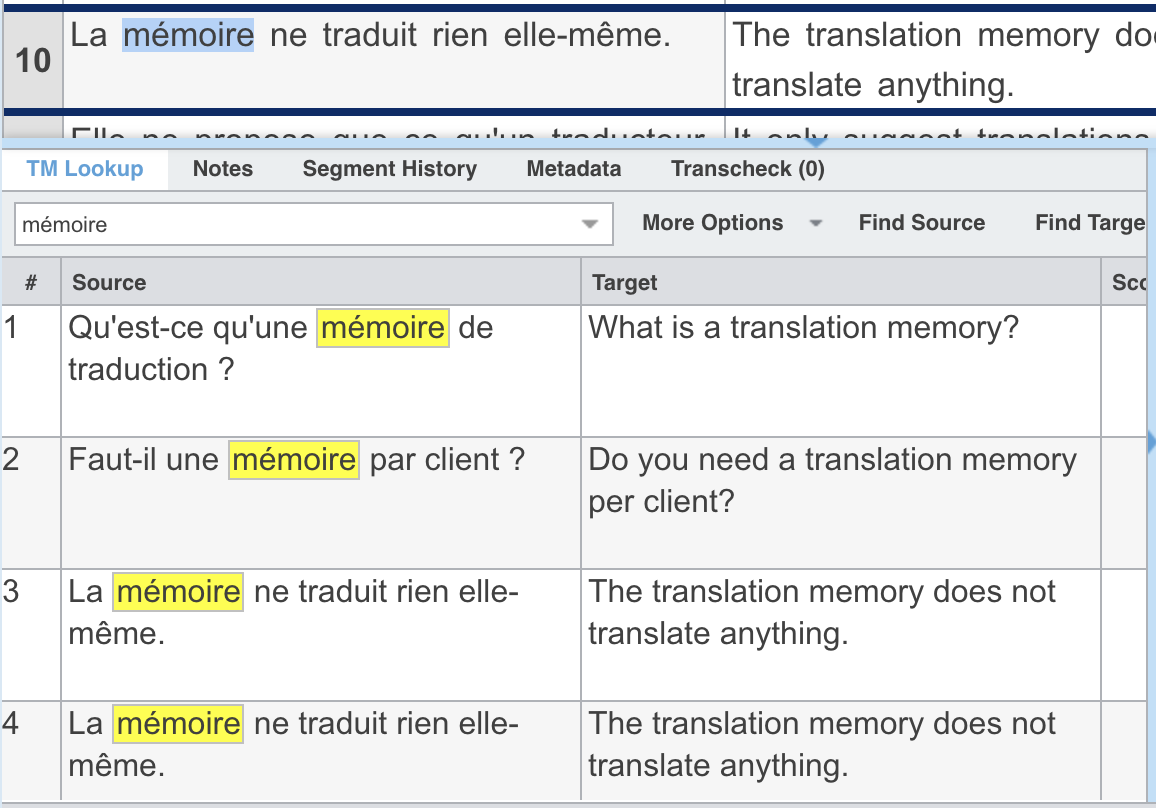 Le volet TM Lookup après la recherche : le champ contient « mémoire » et quatre unités s'affichent, le mot surligné en jaune dans chaque source, avec en regard des traductions qui disent toutes translation memory.