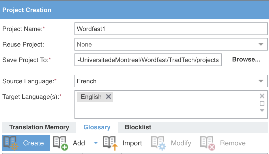 La même partie gauche de la fenêtre de création, l'onglet Glossary actif et son bouton Create encadré.