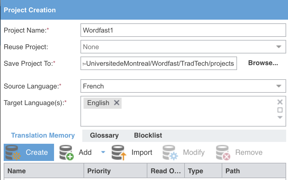 La partie gauche de la fenêtre de création de projet, agrandie : les onglets Translation Memory, Glossary et Blocklist, et sous eux la rangée de boutons Create, Add, Import, Modify et Remove, le bouton Create étant encadré.