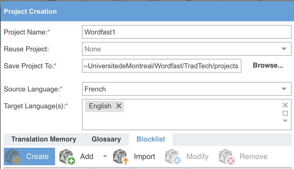 La même partie gauche, l'onglet Blocklist actif et son bouton Create encadré.