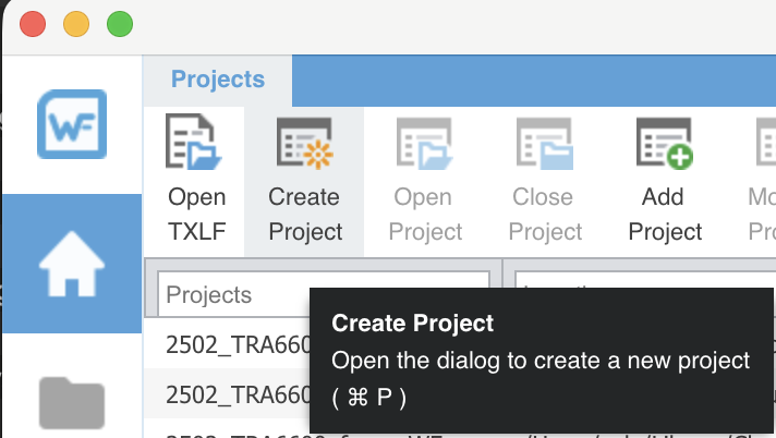 Le ruban de l'onglet Projects, le bouton Create Project encadré, avec son infobulle : « Open the dialog to create a new project ».
