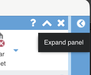 Le bord droit de la fenêtre de Wordfast, avec un bouton en forme de chevron et son infobulle : Expand panel.