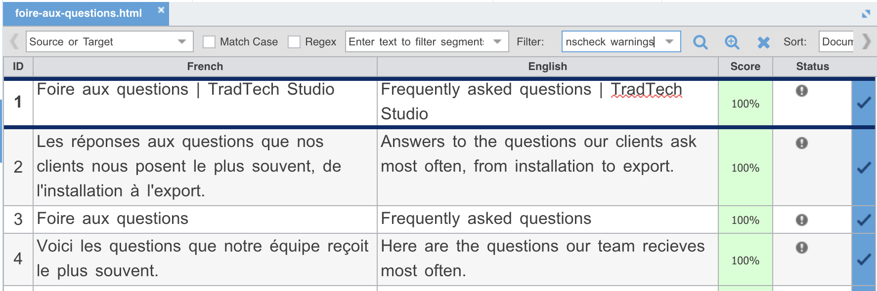 La grille filtrée sur Segments with Transcheck warnings : les segments 1 à 4, chacun marqué d'un point d'exclamation dans la colonne de statut.