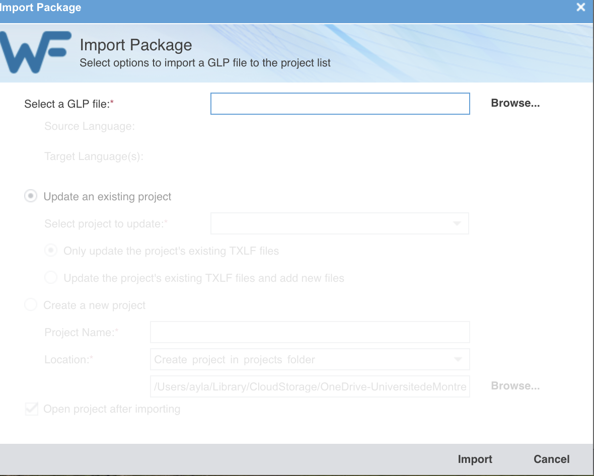 La fenêtre Import Package à l'ouverture : le champ « Select a GLP file » et son bouton Browse, puis, en grisé, le choix entre « Update an existing project », coché, et « Create a new project » avec son nom de projet et son emplacement, et la case « Open project after importing ».