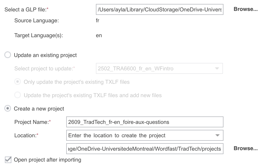 La fenêtre Import Package remplie : le fichier .glp choisi, les langues fr et en lues dans le paquet, « Create a new project » coché, le nom 2609_TradTech_fr-en_foire-aux-questions et l'emplacement dans le dossier projects de TradTech, et la case « Open project after importing » cochée.