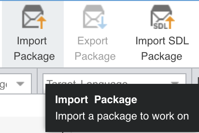 Le bouton Import Package du ruban, survolé, avec son infobulle : Import Package, « Import a package to work on ». À côté, les boutons Export Package et Import SDL Package, grisés.