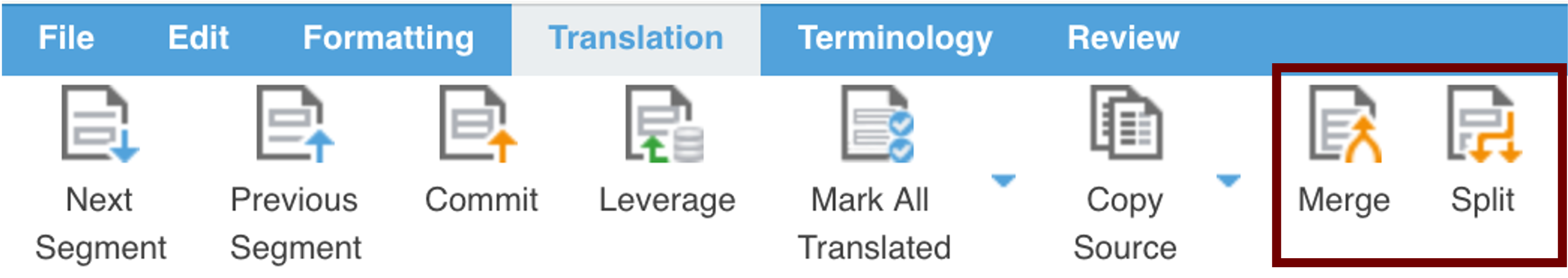 Le ruban Translation, avec les boutons Merge et Split encadrés à sa droite, après Next Segment, Previous Segment, Commit, Leverage, Mark All Translated et Copy Source.