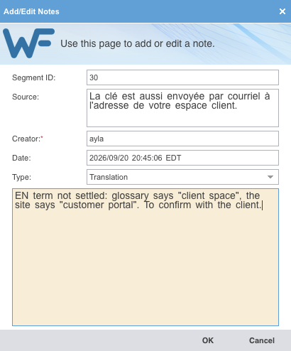 La fenêtre Add/Edit Notes : le numéro du segment, son texte source, l'auteur, la date, un menu Type réglé sur Translation, et le texte de la note, qui demande de confirmer le terme anglais avec le client.