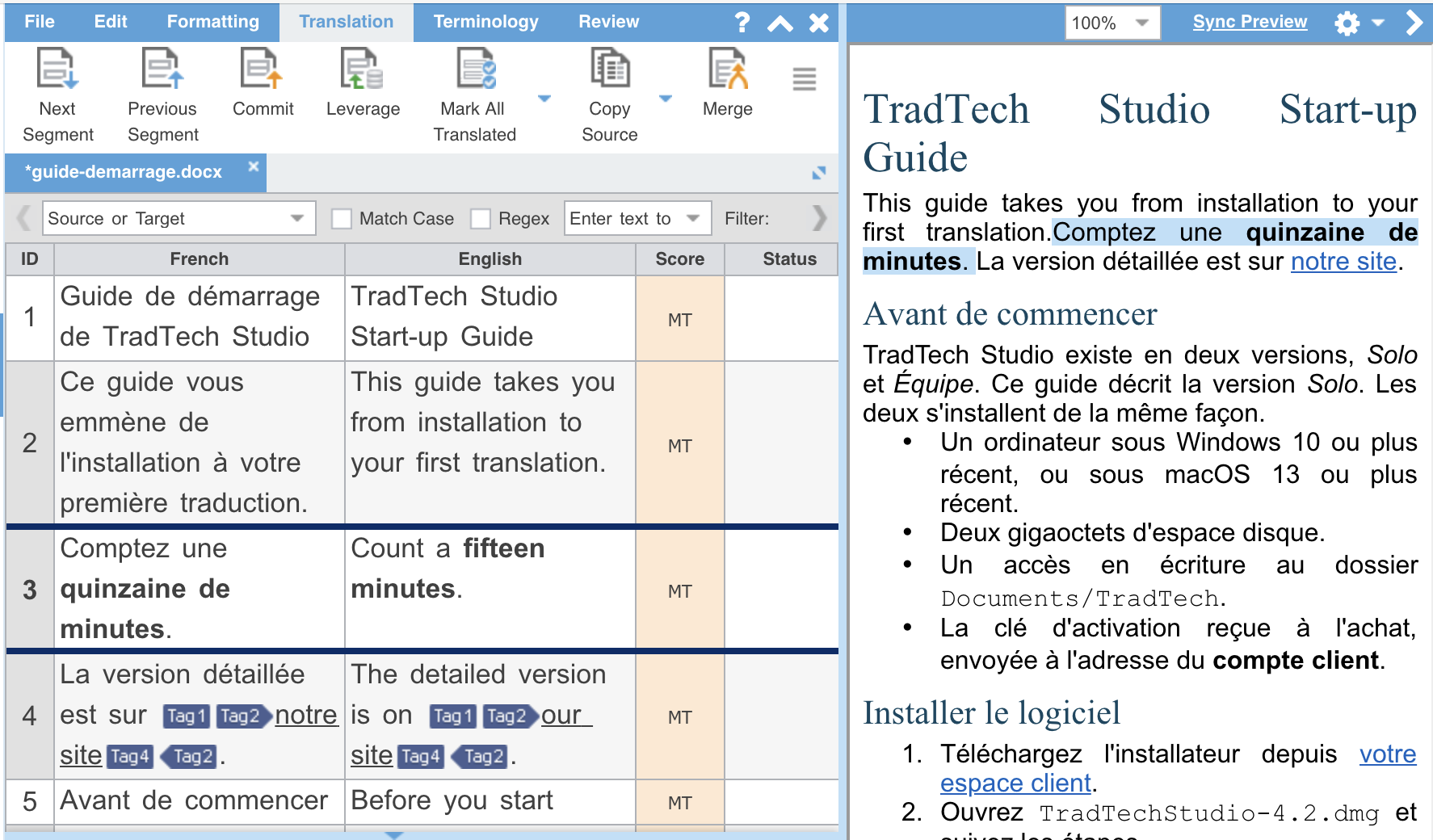 La grille de segments à gauche et le volet d'aperçu à droite. Dans la grille, le segment 4 contient quatre étiquettes autour de « notre site » ; dans l'aperçu, le même passage est un lien souligné, le chemin Documents/TradTech est dans une autre police, et le segment sélectionné dans la grille est surligné en bleu dans l'aperçu.