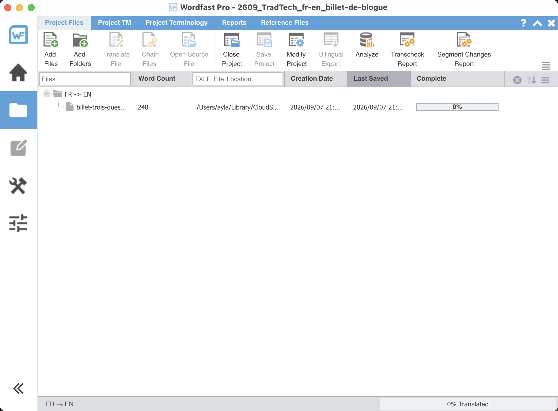 La fenêtre du projet ouvert : les onglets Project Files, Project TM, Project Terminology, Reports et Reference Files, et sous FR -> EN le fichier billet-trois-questions à 248 mots, avec une barre d'avancement à 0 %.