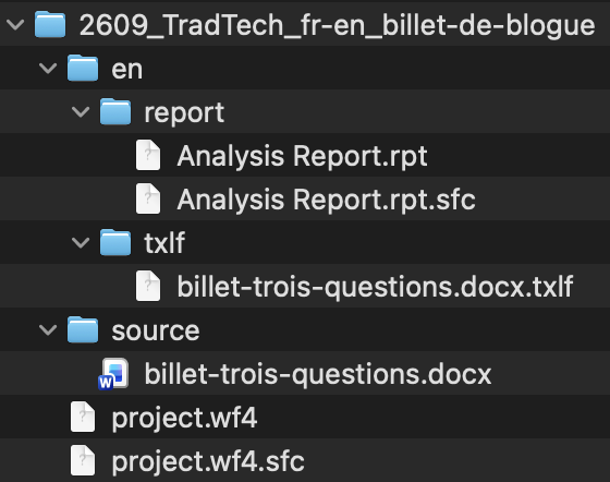 Le dossier du projet déplié : un dossier en contenant report, avec Analysis Report.rpt, et txlf, avec billet-trois-questions.docx.txlf ; un dossier source contenant le document d'origine ; et les fichiers project.wf4 et project.wf4.sfc.