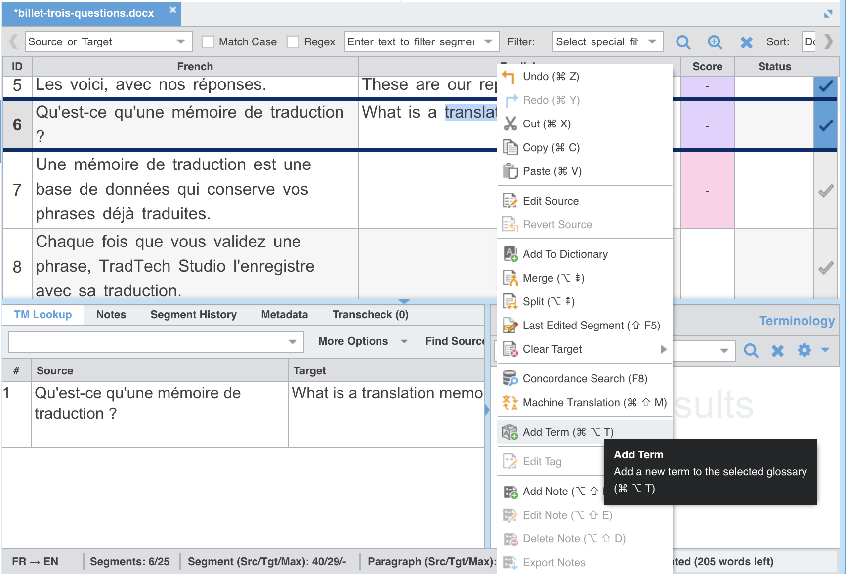 Le menu contextuel d'un segment, ouvert sur la commande Add Term, dont l'infobulle indique « Add a new term to the selected glossary » avec le raccourci Commande Option T ; le menu montre aussi Concordance Search, Machine Translation, Merge et Split.
