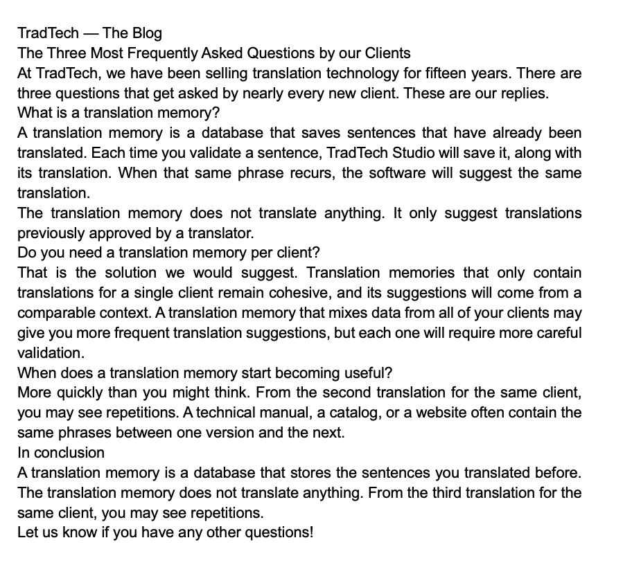 Le document livré, ouvert dans Word : le billet de TradTech en anglais, de « TradTech — The Blog » jusqu'à « Let us know if you have any other questions! », traduit d'un bout à l'autre.