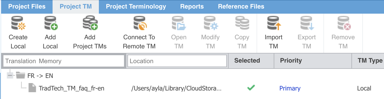 L'onglet Project TM du projet importé : la mémoire TradTech_TM_faq_fr-en, sélectionnée, en priorité Primary, de type Local, et au-dessus les boutons Create Local, Add Local, Add Project TMs, Connect To Remote TM, Open TM, Modify TM, Copy TM, Import TM, Export TM et Remove TM.