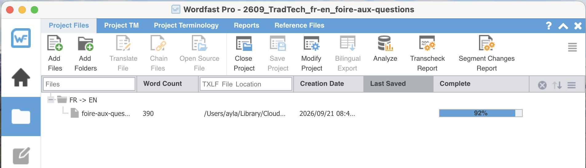 La fenêtre du projet importé, 2609_TradTech_fr-en_foire-aux-questions : les onglets Project Files, Project TM, Project Terminology, Reports et Reference Files, et sous FR -> EN le fichier foire-aux-questions, 390 mots, complet à 92 %.