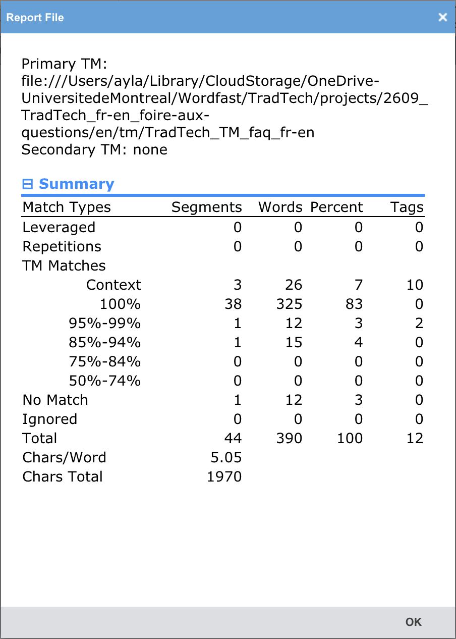 Le rapport d'analyse du fichier du chapitre : la mémoire principale TradTech_TM_faq_fr-en et aucune mémoire secondaire, puis le tableau. Context, 3 segments et 26 mots ; 100 %, 38 segments et 325 mots ; 95-99 %, 1 segment ; 85-94 %, 1 segment ; No Match, 1 segment et 12 mots ; total, 44 segments et 390 mots.