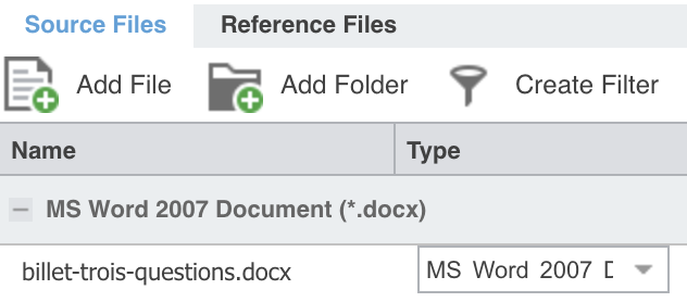 Le même panneau, un fichier ajouté : billet-trois-questions.docx, regroupé sous le type MS Word 2007 Document (*.docx).