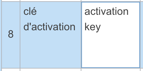Une ligne du glossaire, l'entrée 8, clé d'activation, dont la cellule de la cible, activation key, est ouverte pour modification.