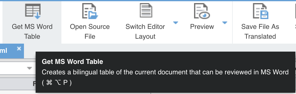 Le ruban File de l'éditeur, le pointeur sur Get MS Word Table, dont l'infobulle dit « Creates a bilingual table of the current document that can be reviewed in MS Word », raccourci Commande Option P.