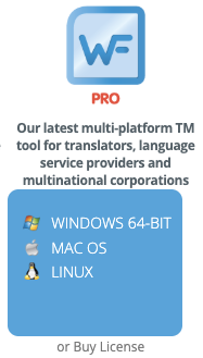 La colonne Wordfast Pro dépliée : Windows 64-bit, Mac OS et Linux, chacun avec son icône.