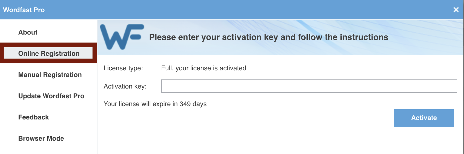 La fenêtre d'enregistrement de Wordfast Pro, onglet Online Registration, avec le champ Activation key, le type de licence et le bouton Activate.