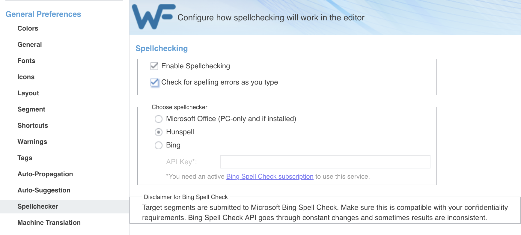 Le volet Spellchecker des préférences : les cases « Enable Spellchecking » et « Check for spelling errors as you type » cochées, puis le choix du correcteur entre Microsoft Office, Hunspell et Bing, et un avertissement sur la confidentialité pour Bing. À gauche, la liste des volets, de Colors à Machine Translation.