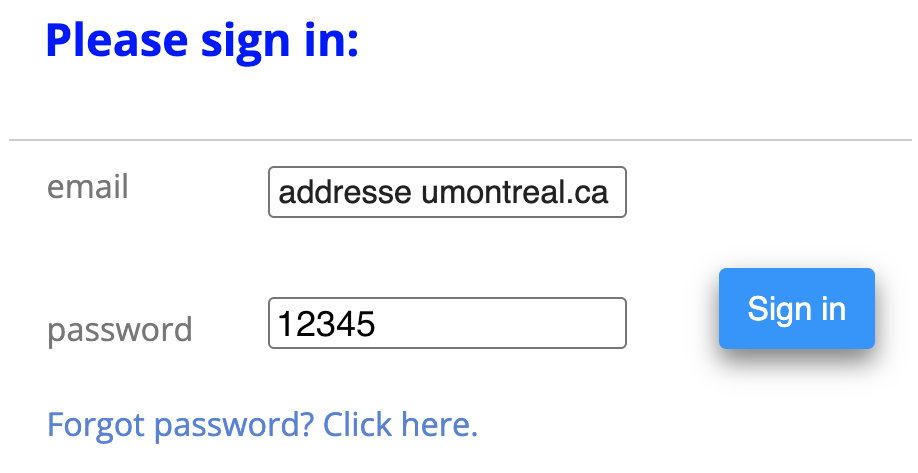 Le formulaire de connexion de wordfast.com : le champ courriel porte une adresse de l'UdeM, le champ mot de passe porte 12345, et le bouton Sign In est en haut à droite du site.